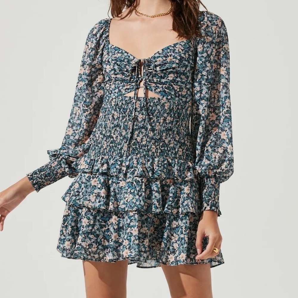 ASTR Teal Floral Mini Dress with Puff Sleeves